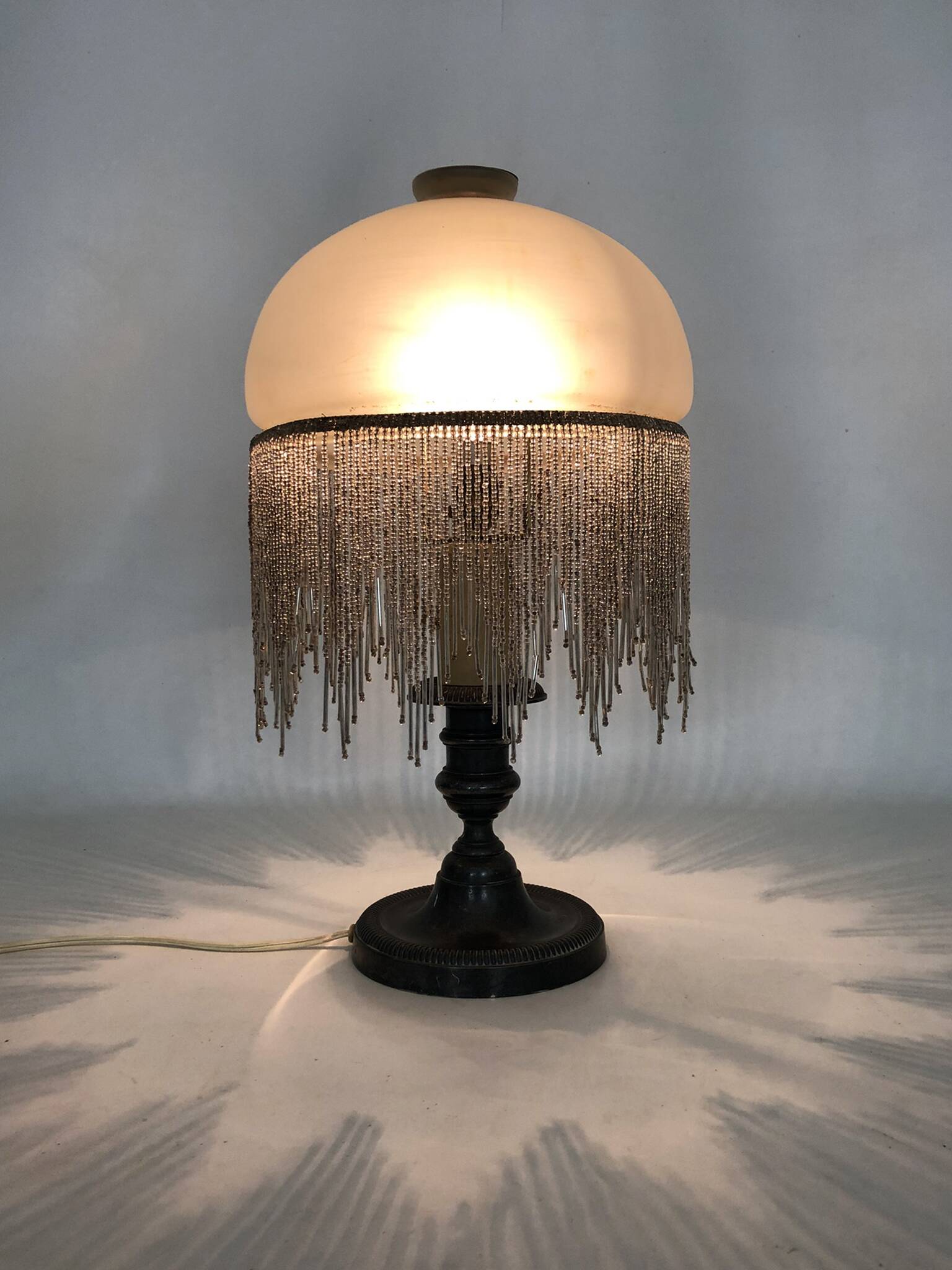 Table lamp, bedside lamp, silver metal base, globe and beads