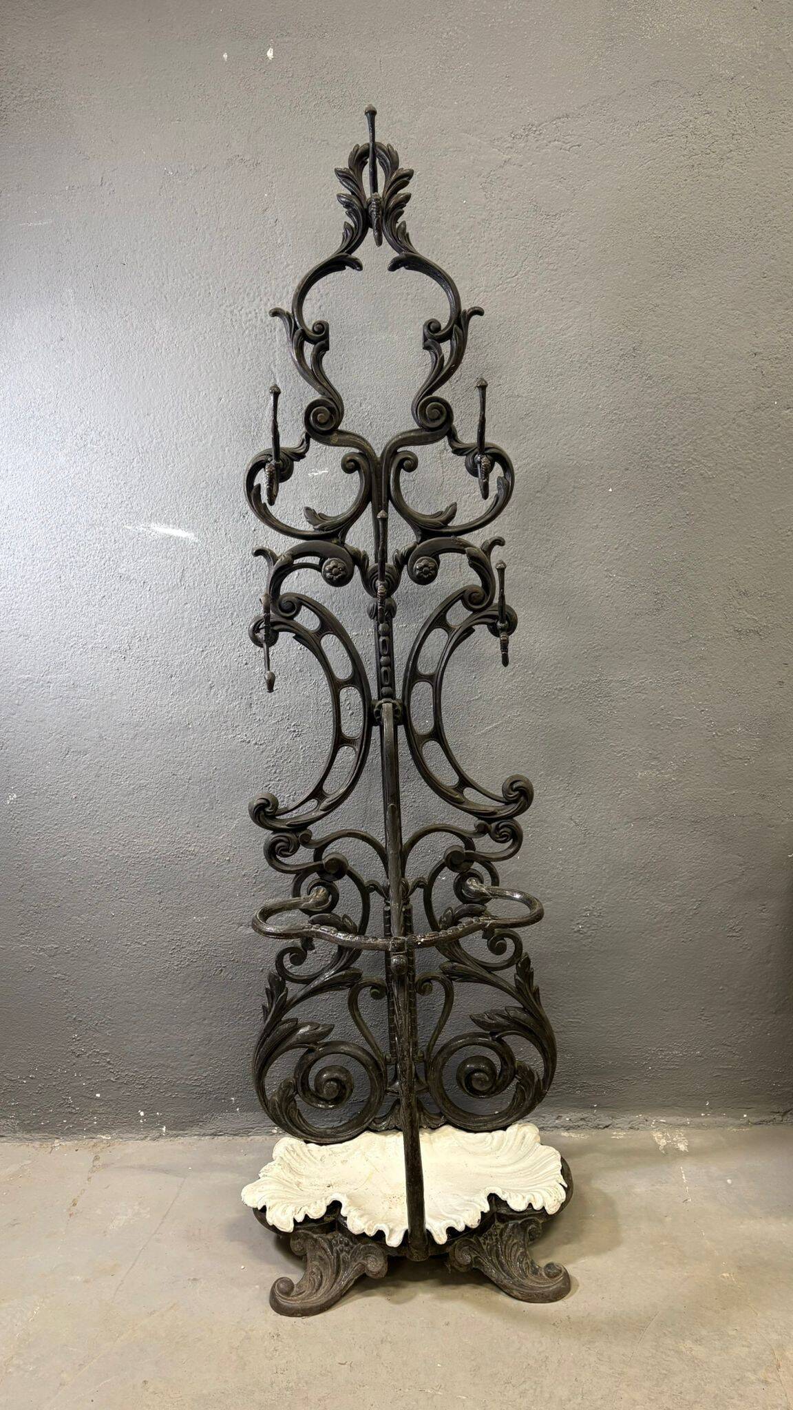 Antique cast iron hall stand, Victorian coat rack with marble base, ornate hall tree, 19th century