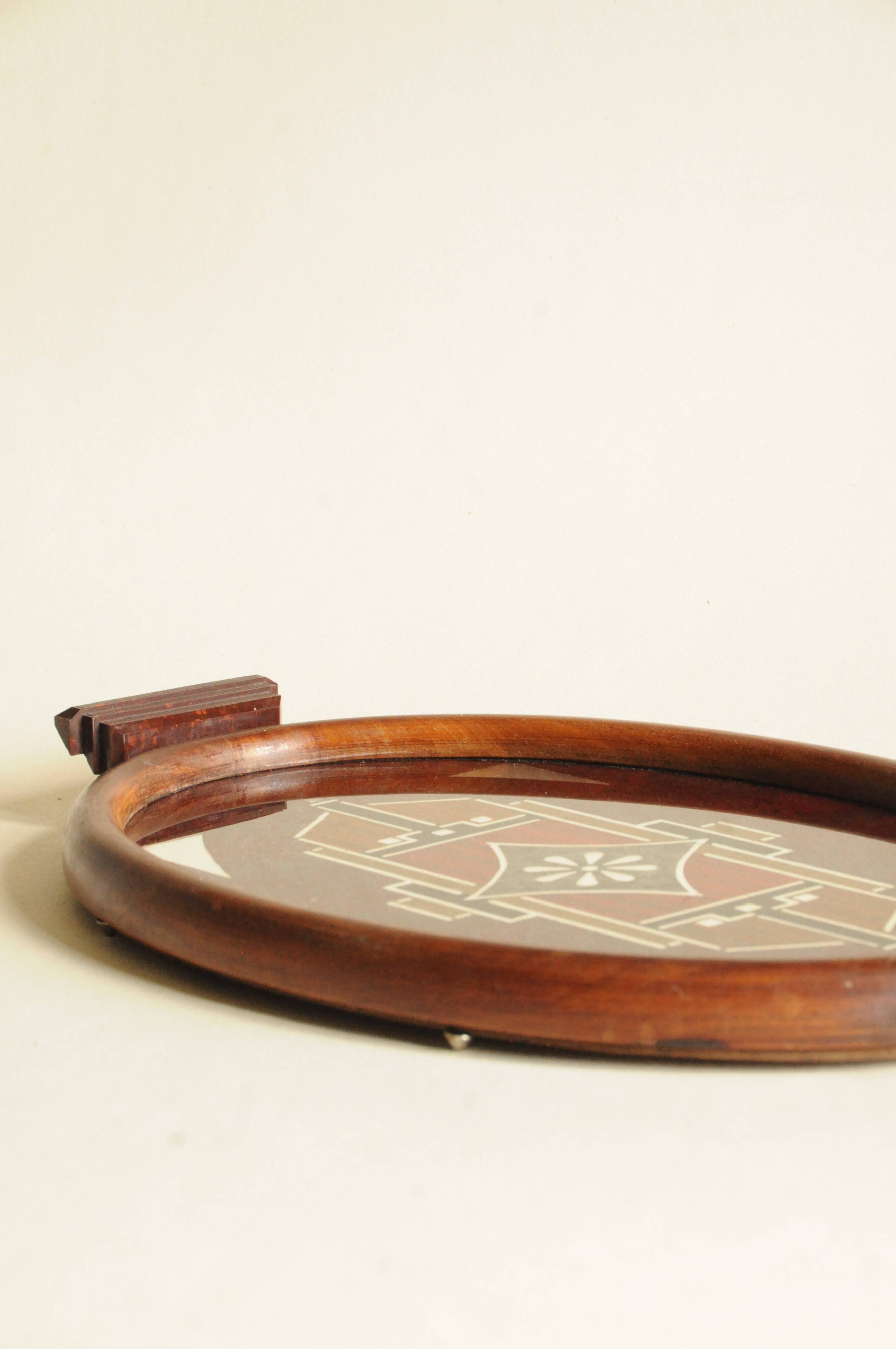 Old Oval Art Deco Wooden Plate - Bakelite Glass - Geometric Pattern