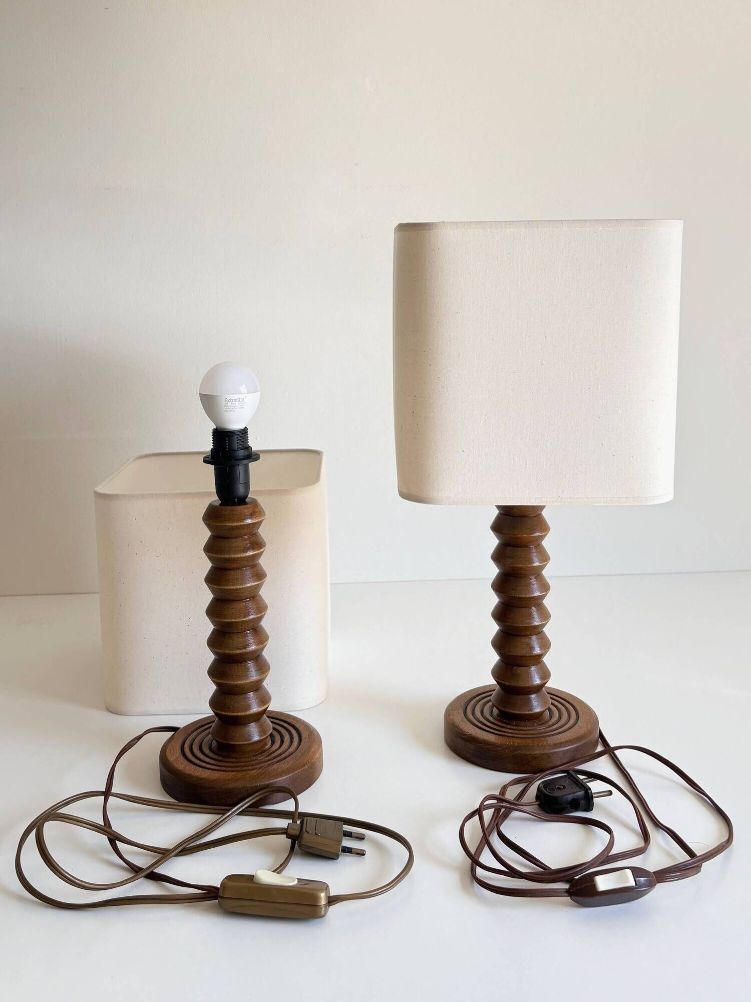 Pair of French Art Deco Wooden Table Lamps Attributed to Charles Dudouyt