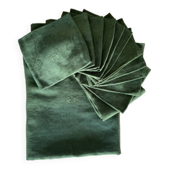 Old tablecloths and its 12 AR monogram damask napkins - 125x186 cm - cotton