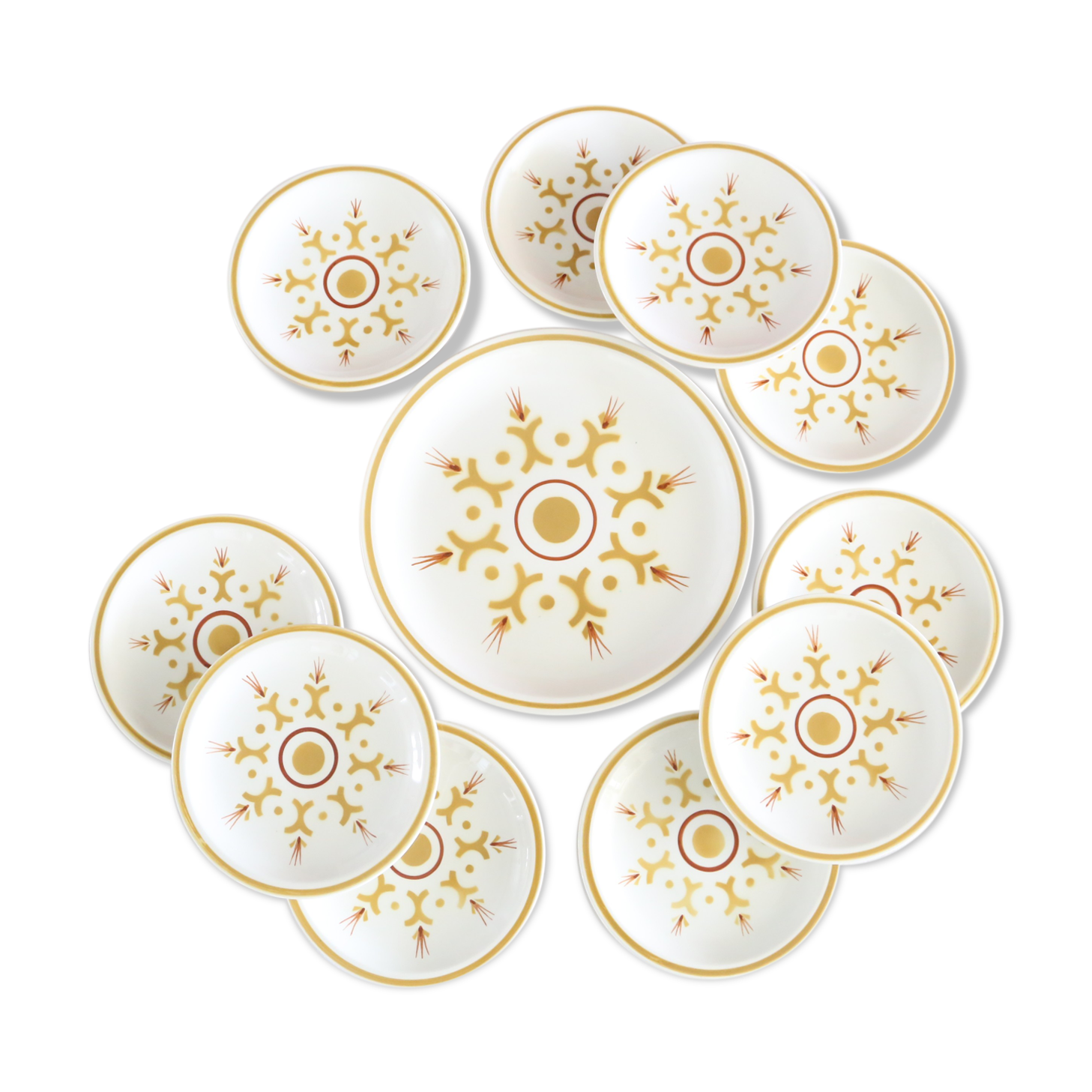 Longchamp dessert service, 10 plates and 1 dish, Vintage