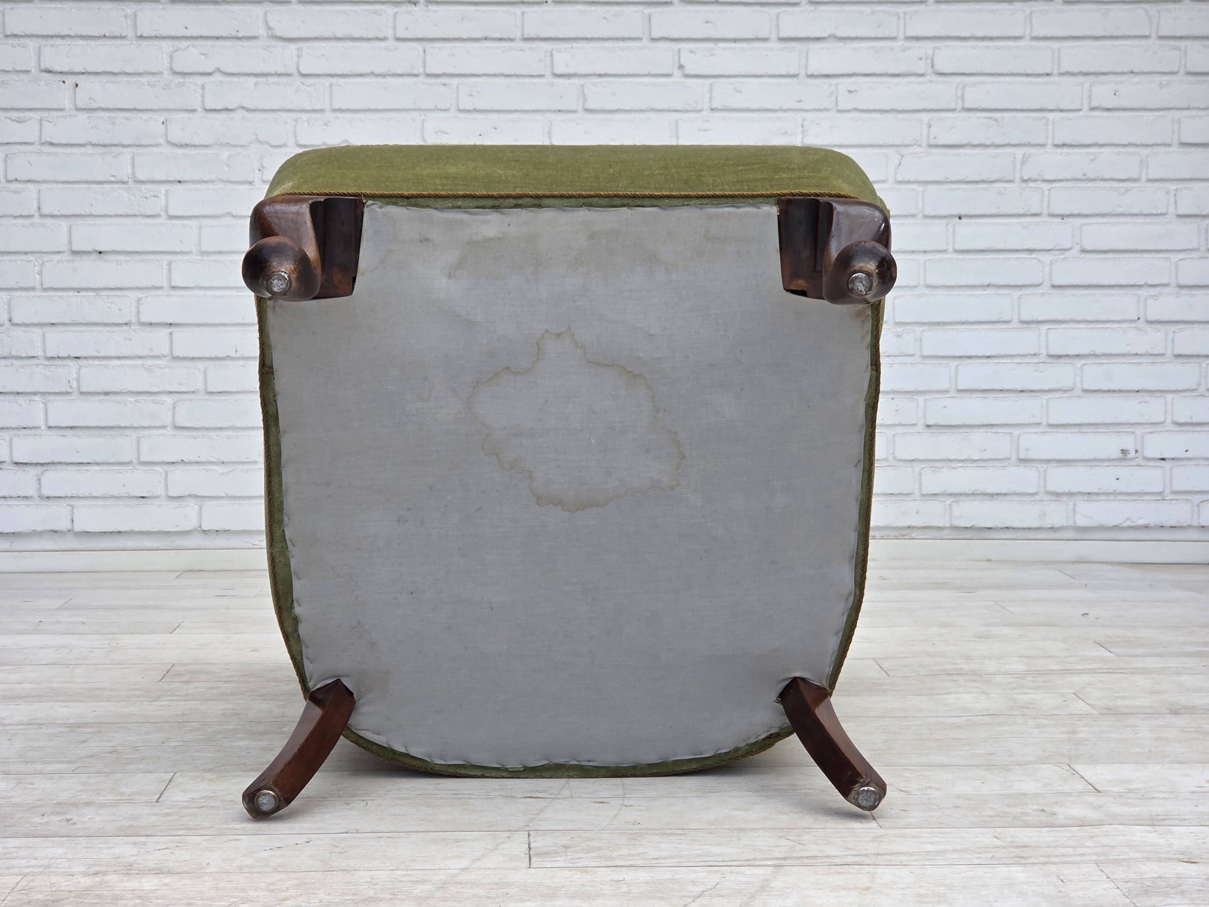 1960s, Scandinavian armchair, green furniture velour, oak wood legs.
