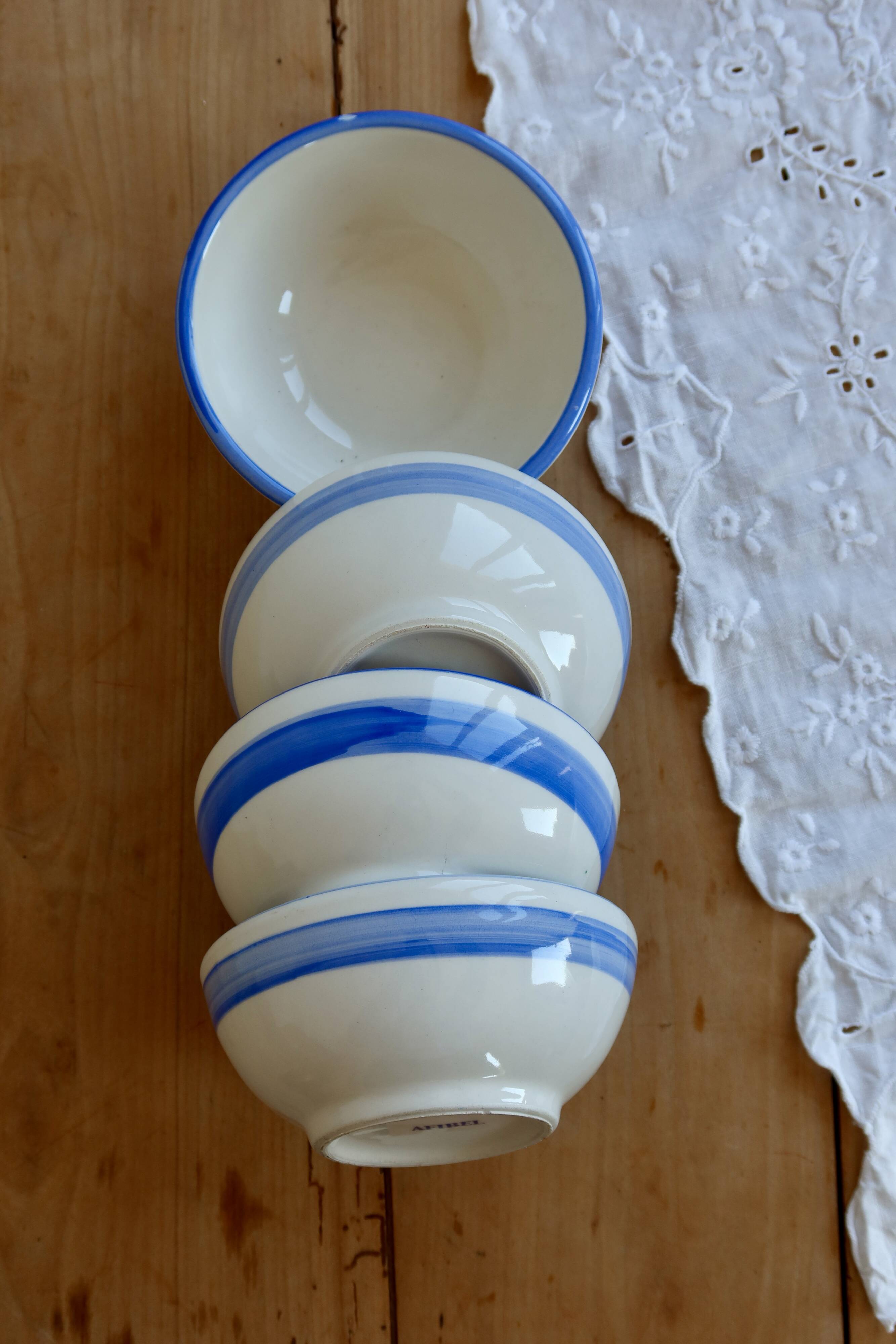 4 vintage striped ivory and blue earthenware bowls by Afibel