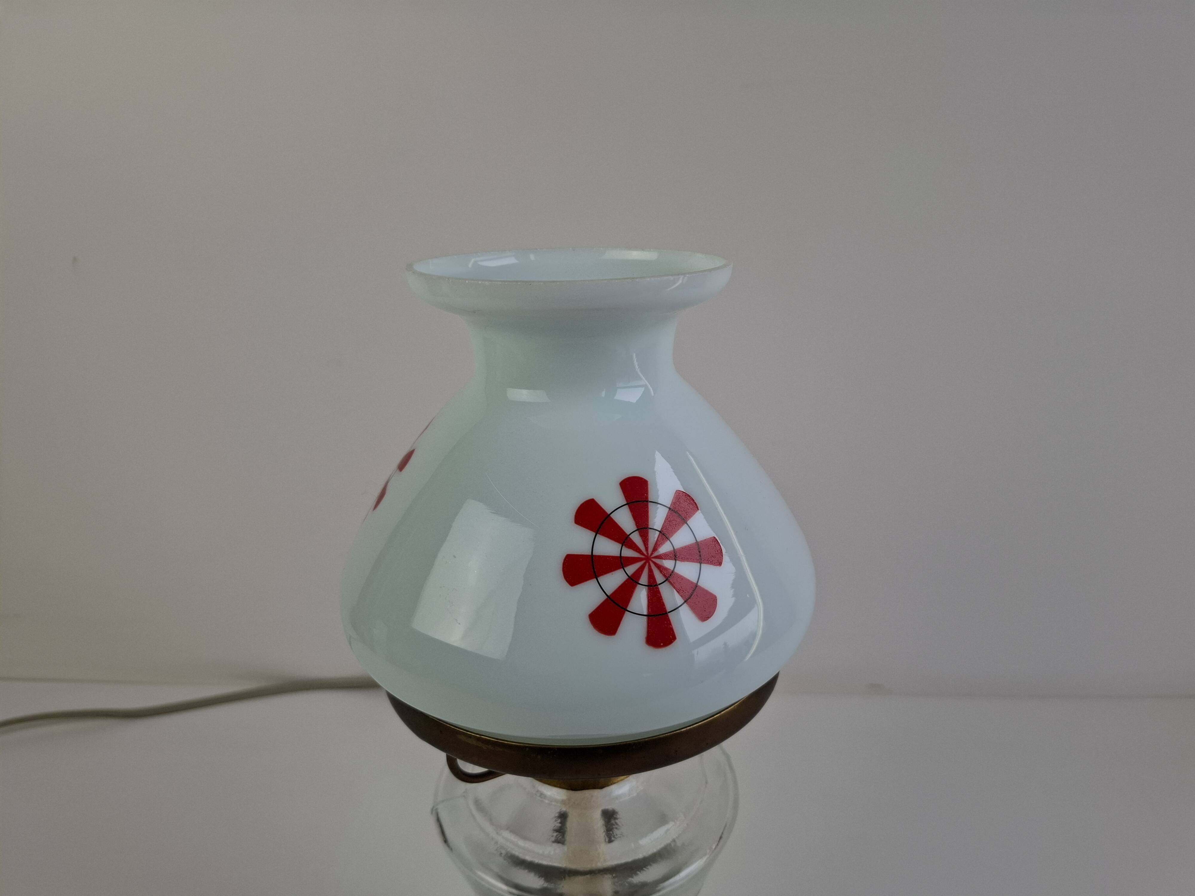 1960s Czechoslovakian milk glass oil lamp style table lamp with red windmill
