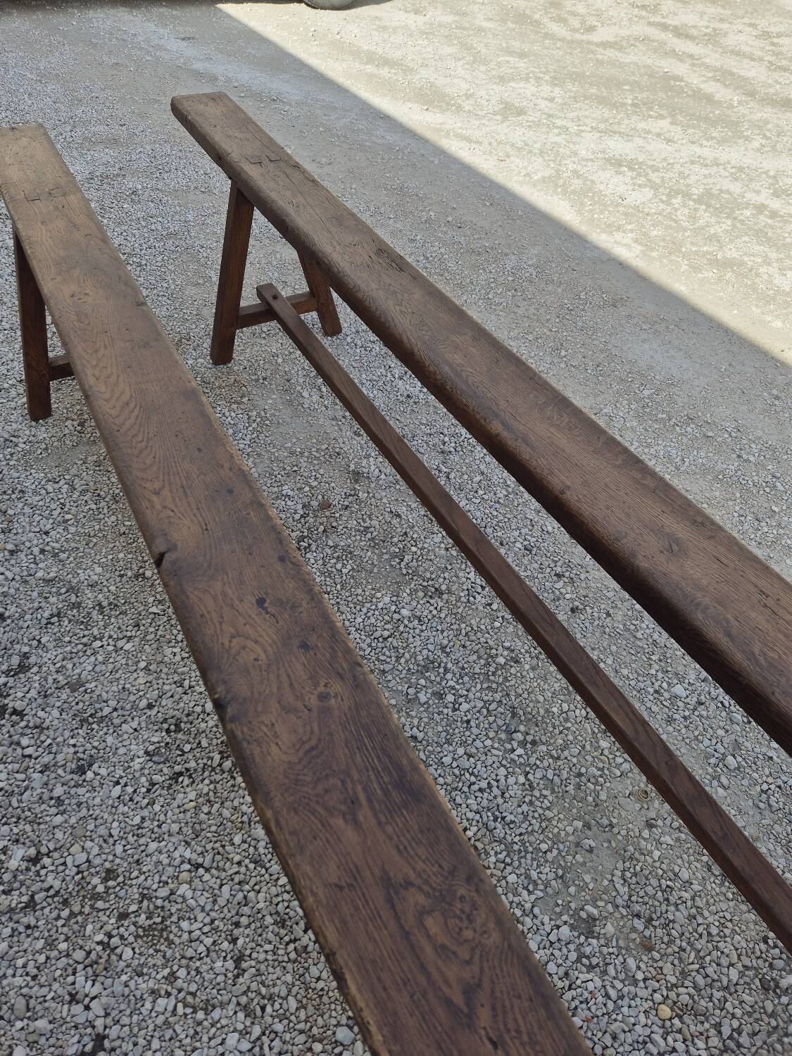 Pair of rustic solid oak farm benches 19th century - 2m90