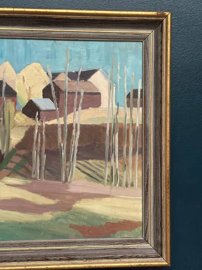Original Swedish Oil on Panel – "Huts Behind the Trees" – Signed – Vintage & Framed – 51 × 43 cm (20.1" × 16.9")