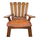 Fauteuil en bois brutaliste avec revêtement en cuir marron, Allemagne, années 1960.