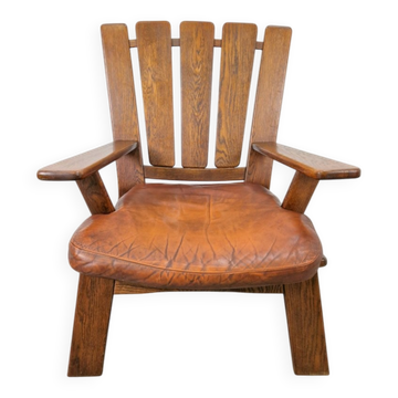 Fauteuil en bois brutaliste avec revêtement en cuir marron, Allemagne, années 1960.