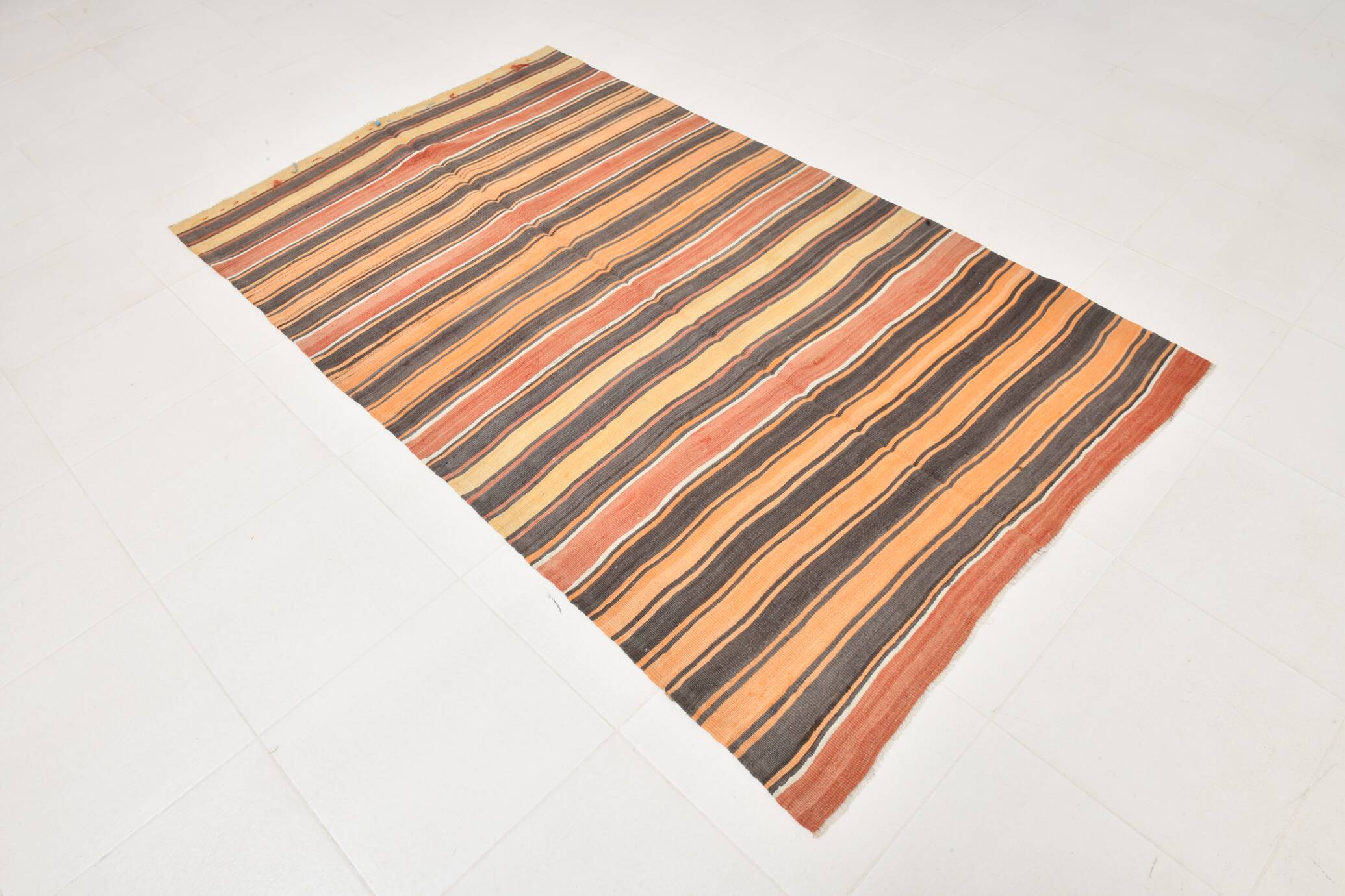 4x7 Kilim Terracotta Red & Orange Striped Turkish Vintage Kilim Rug