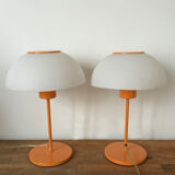 Paire de deux lampes champignon orange Italiennes des années 70