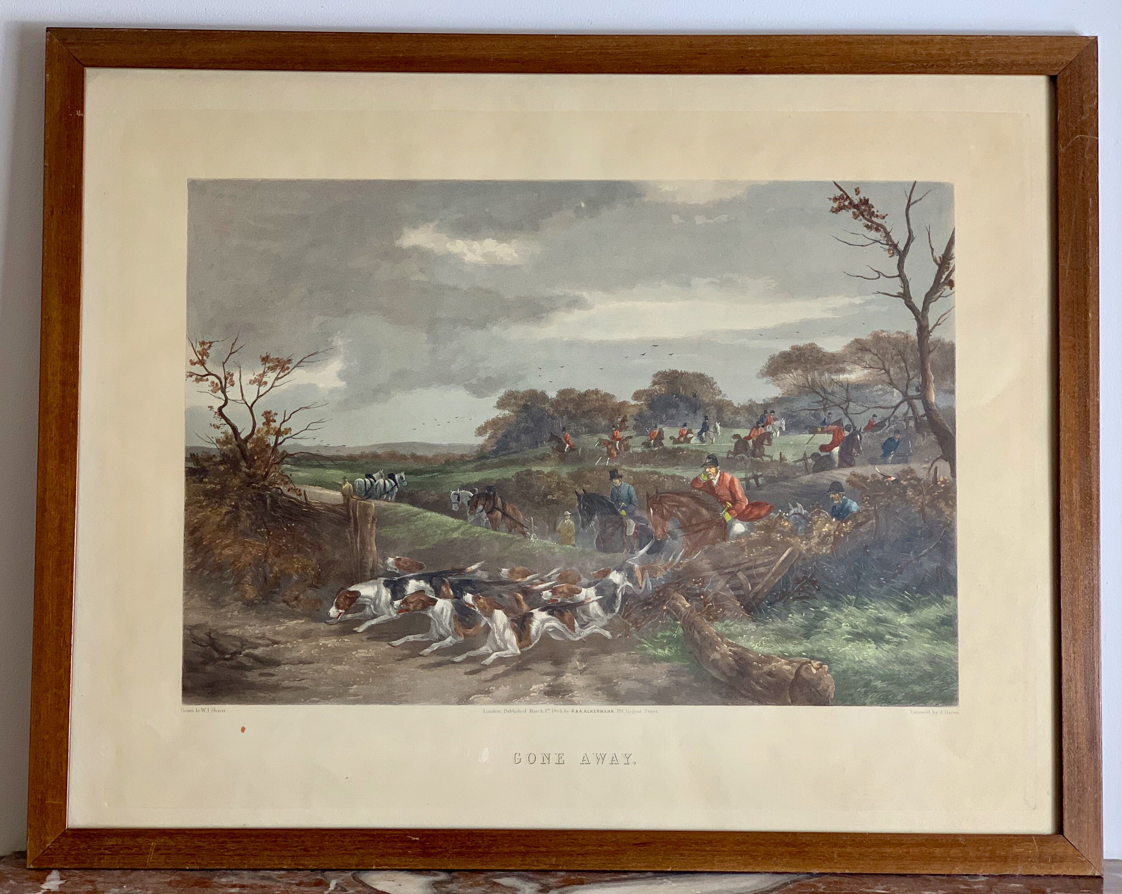 English engraving of hunting hound and hunting dog