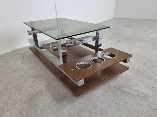 Table basse de bar vintage en teck et chrome, années 1960