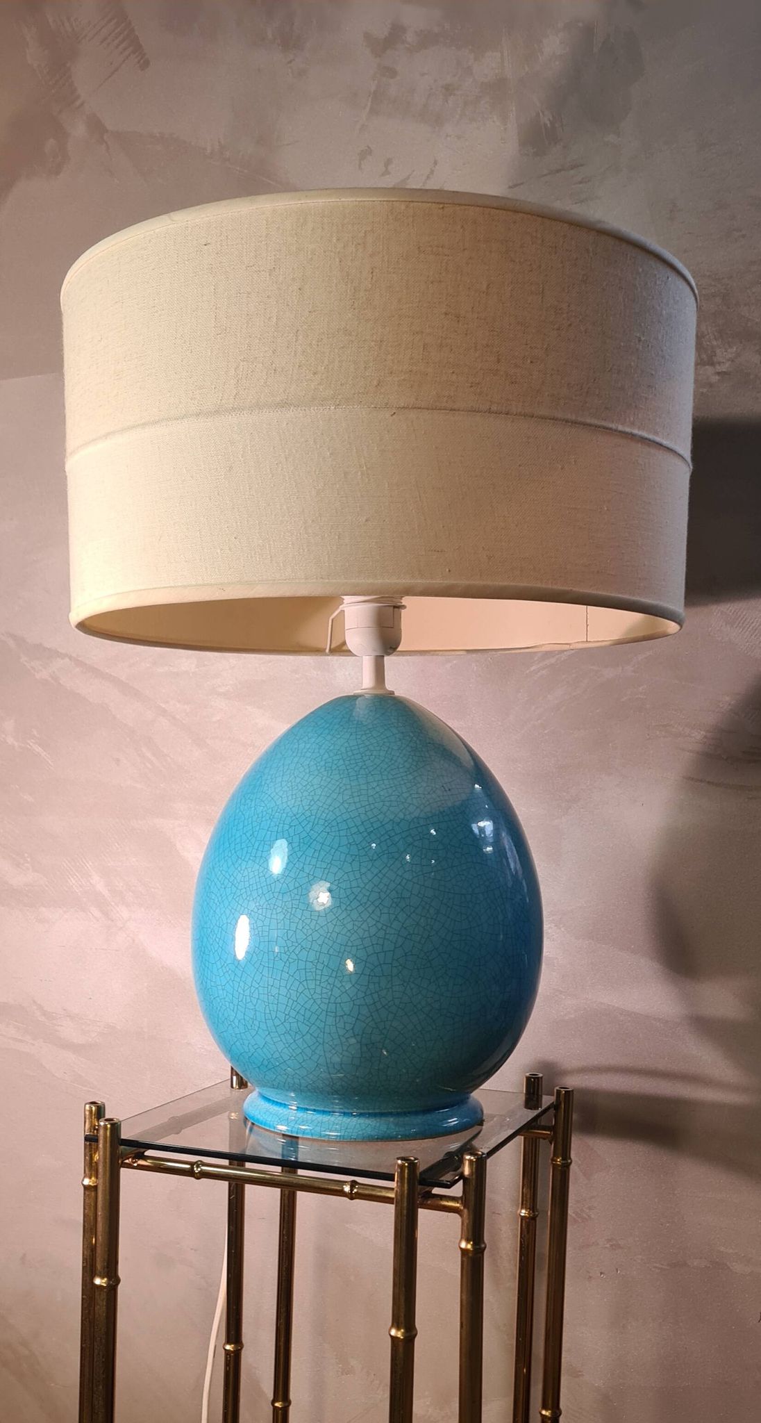 large living room lamp in cracked turquoise blue ceramic 1970 to 80, h53x40 elec ok
