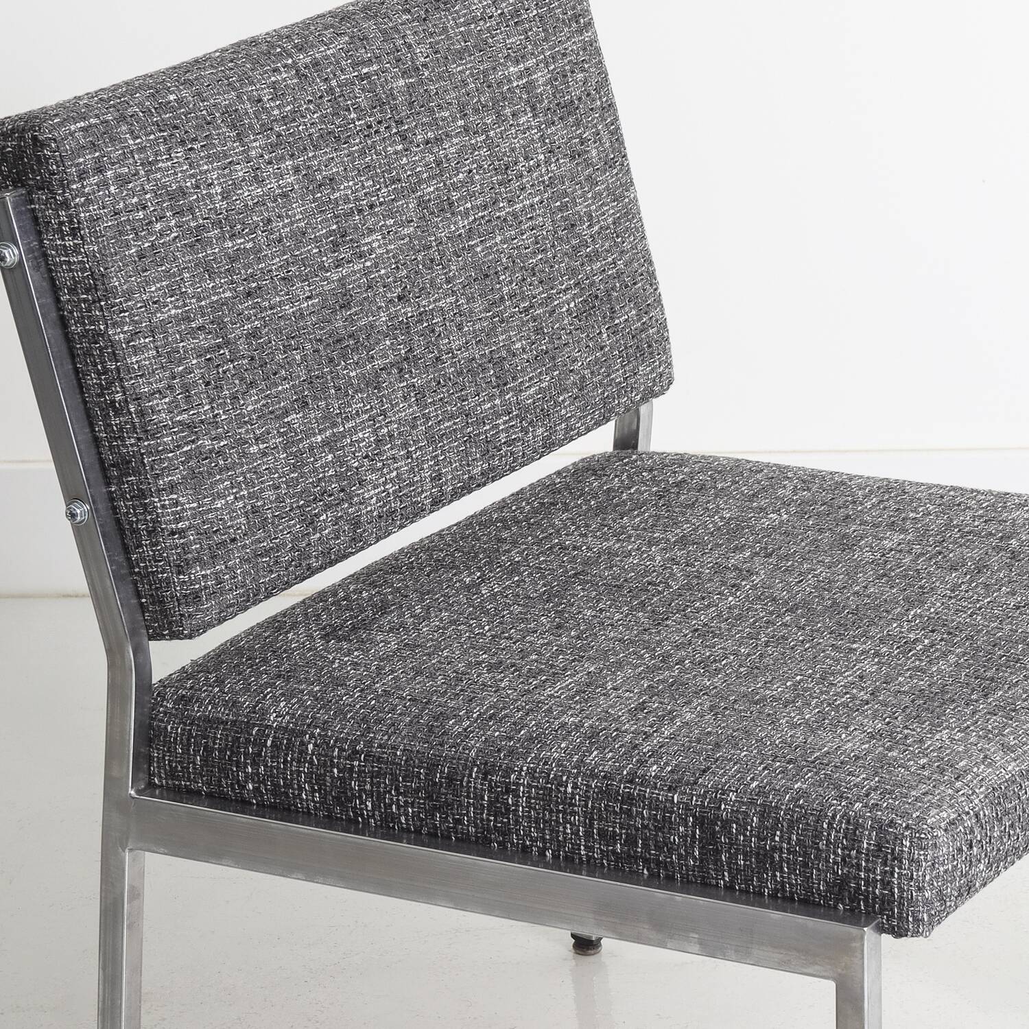 Pair of vintage armchairs in metal and gray fabric, renovated