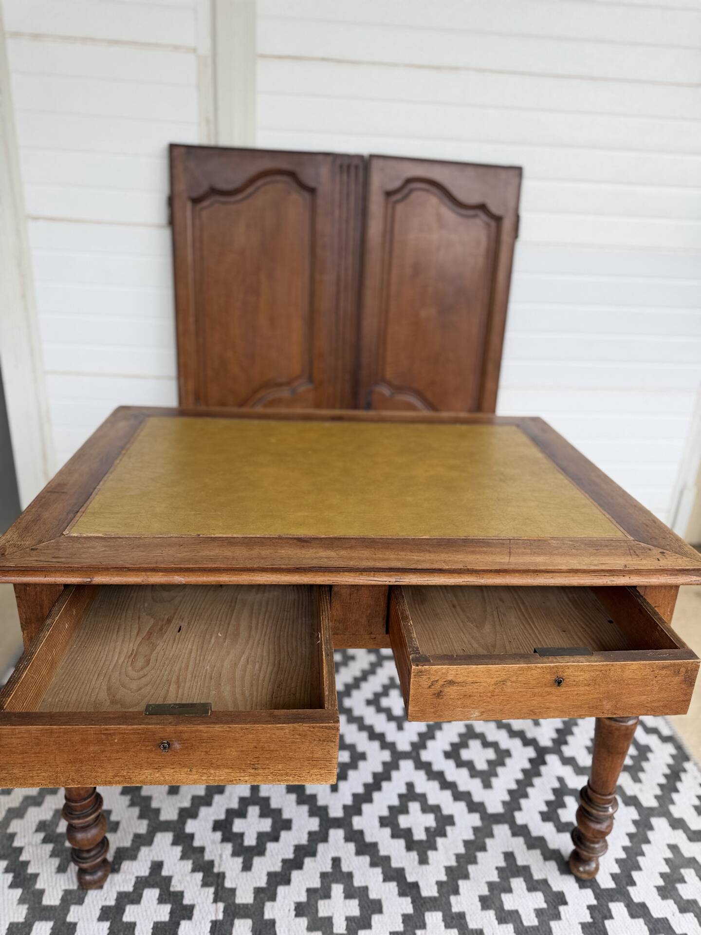Antique Louis Philippe style desk - mustard yellow leather top