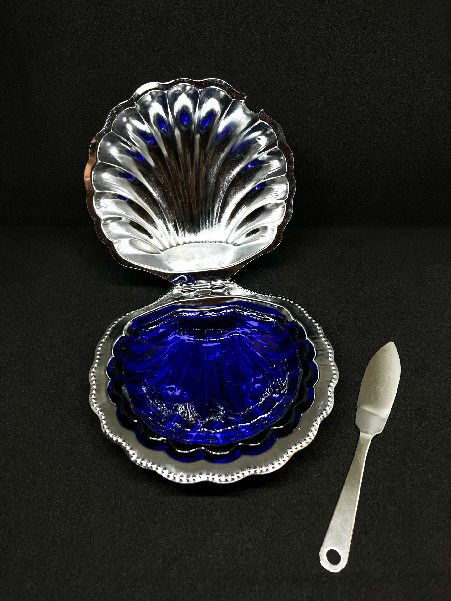 Vintage butter dish / caviar dish in cobalt blue glass & metal