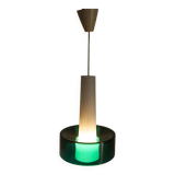 Suspension vintage en 2 élements opaline blanche et verre transparent vert