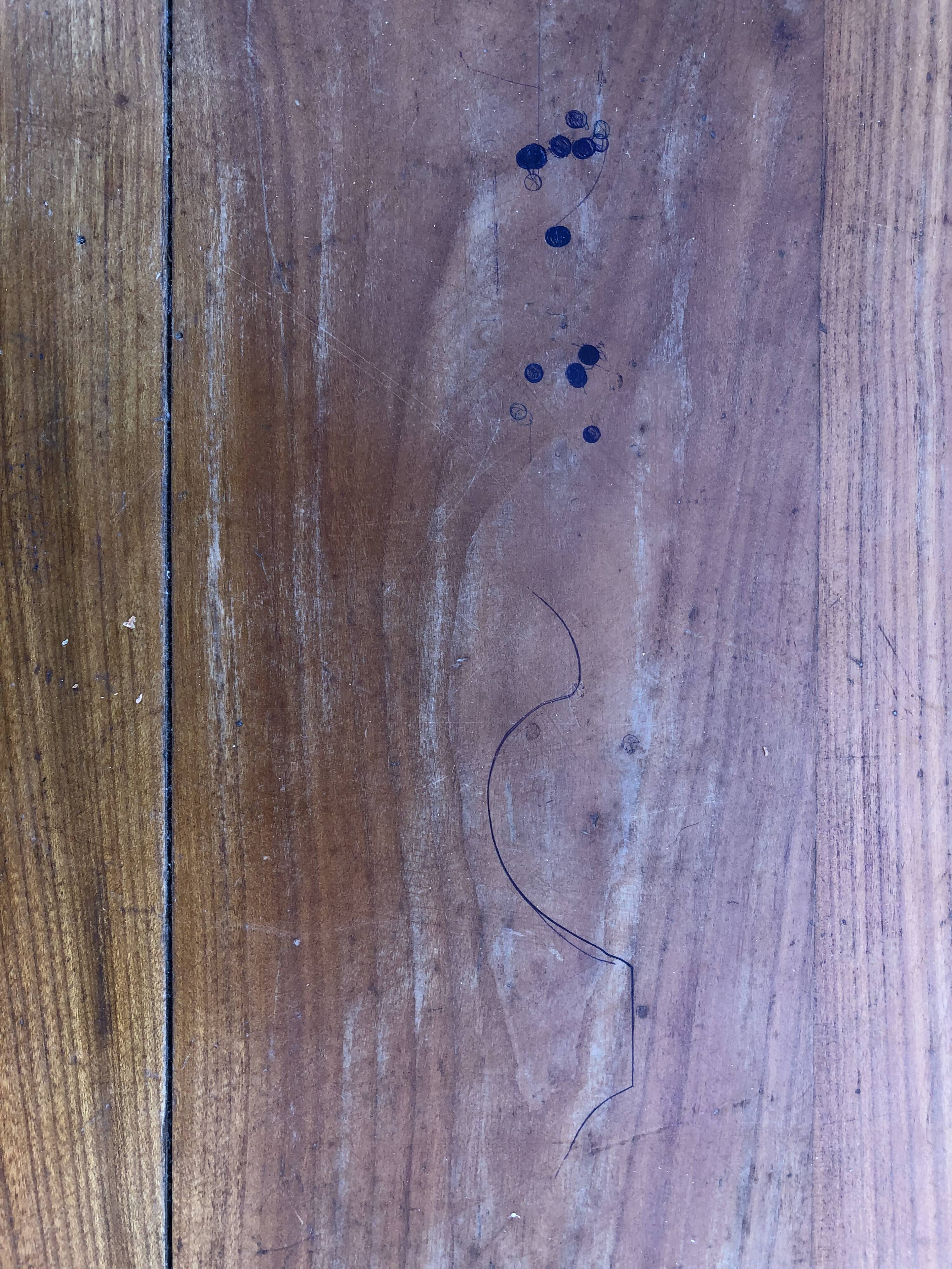 Antique cherry farmhouse table with turned legs and 2 drawers.