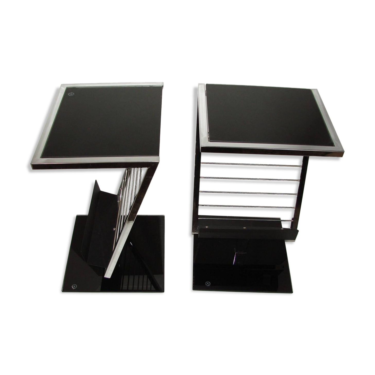 2 side tables, bedside tables in black glass and chrome metal, 1980
