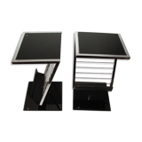 2 side tables, bedside tables in black glass and chrome metal, 1980