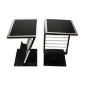 2 tables d'appoint, chevets en verre noir et métal chromé, 1980
