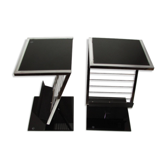 2 side tables, bedside tables in black glass and chrome metal, 1980