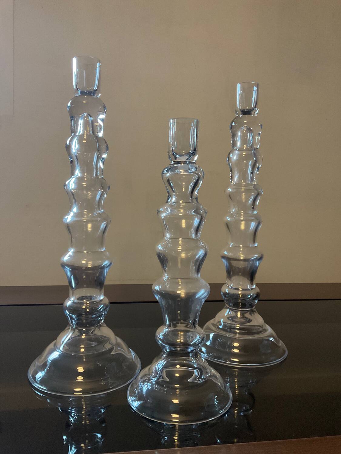 Trio of designer blown glass candle holders