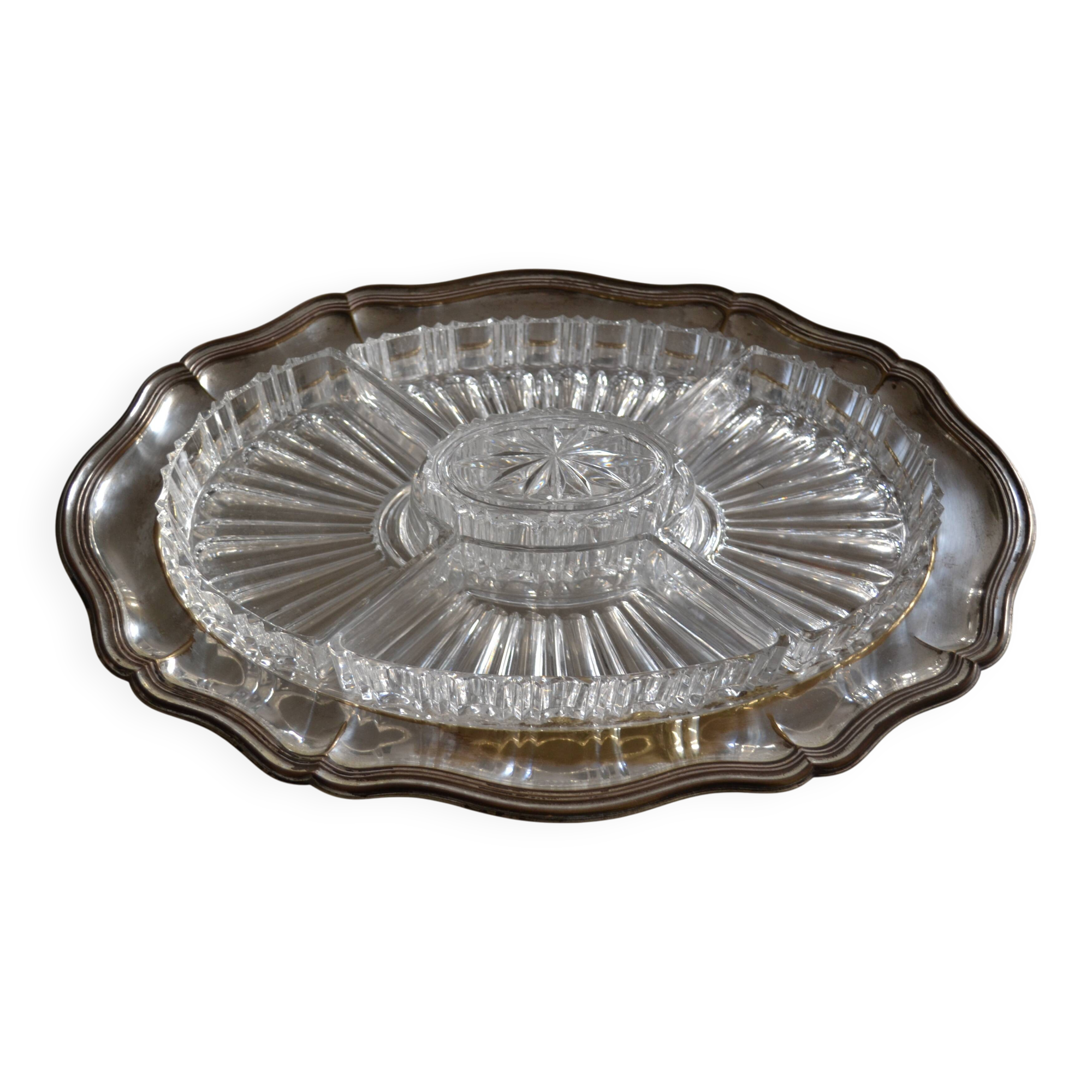 Silver-plated metal aperitif serving tray with HKE hallmark and glass.