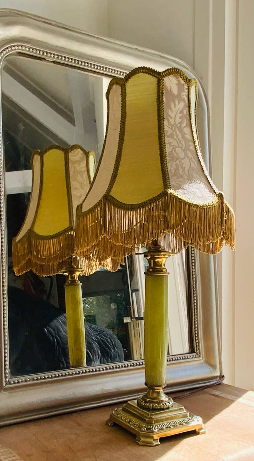 Large vintage lamp in green onyx and gilded brass - vintage lampshade
