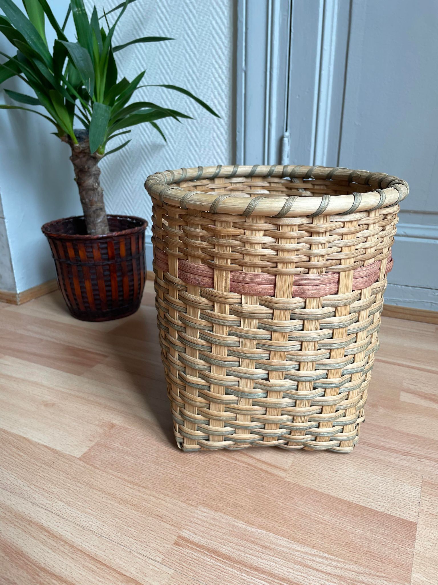Green beige wicker basket