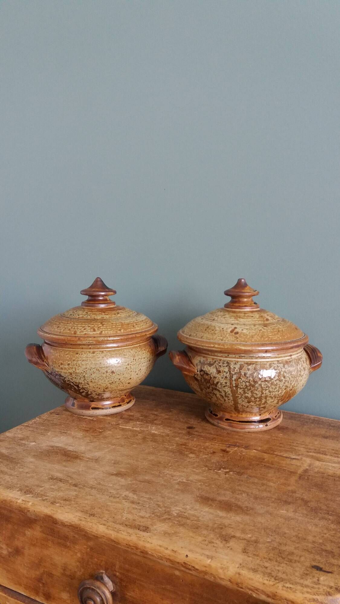 Soup bowls covered signed by Jean-Pierre Prud’homme in Puisaye stoneware.