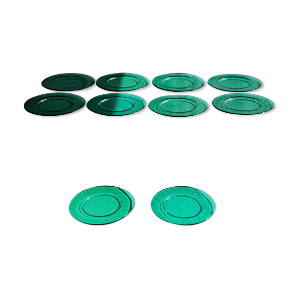 Lot de 10 grandes assiettes de présentation en verre soufflé vert bouteille