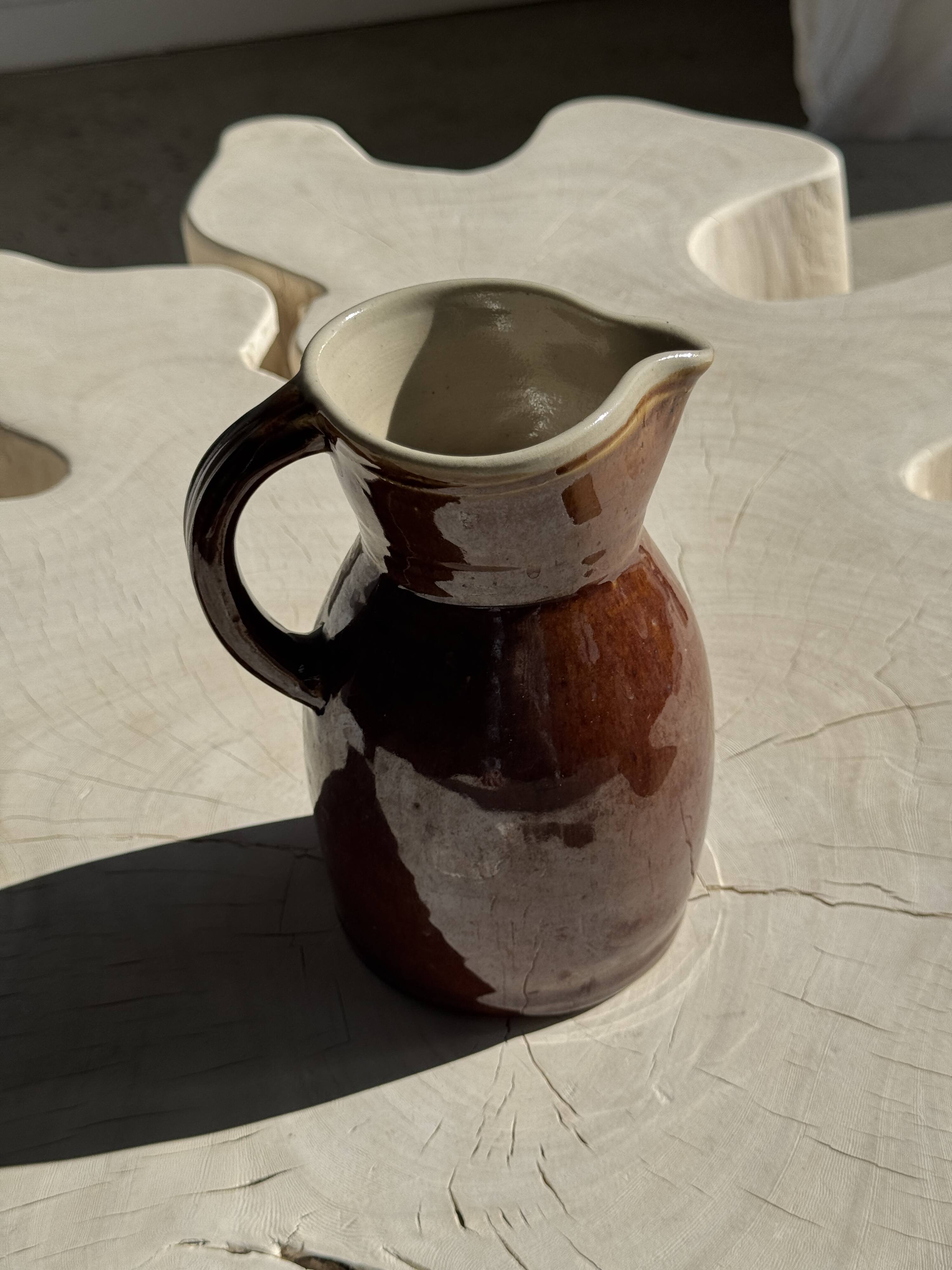 Large brown glazed stoneware jug Grès du Berry Made in France H19