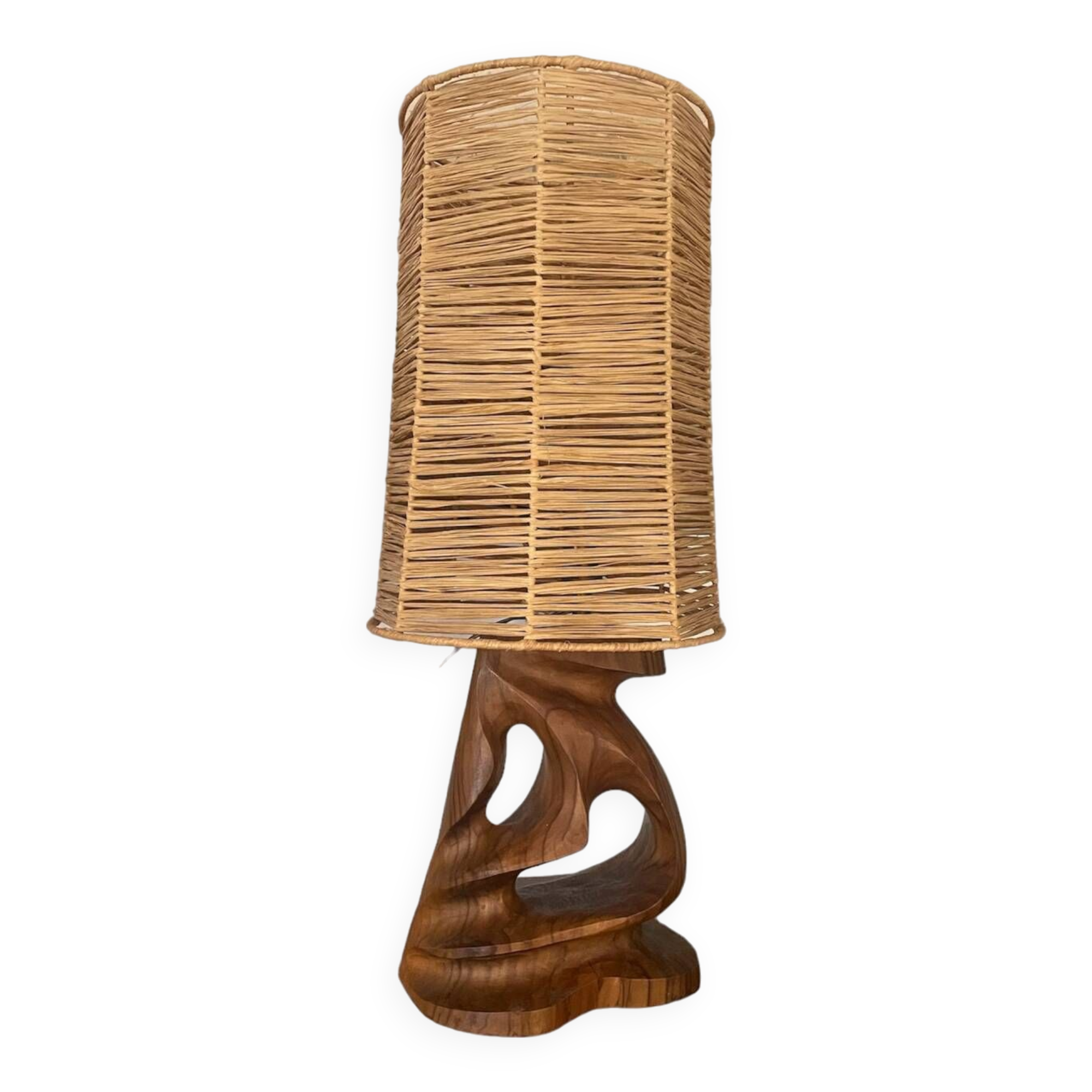 Vintage olive wood carved lamp 59cm