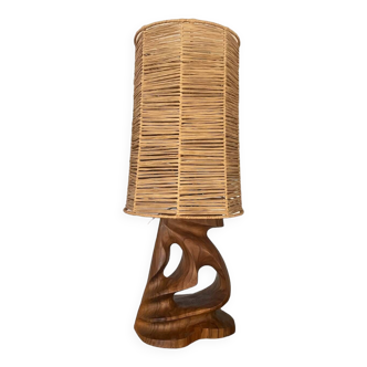 Vintage olive wood carved lamp 59cm