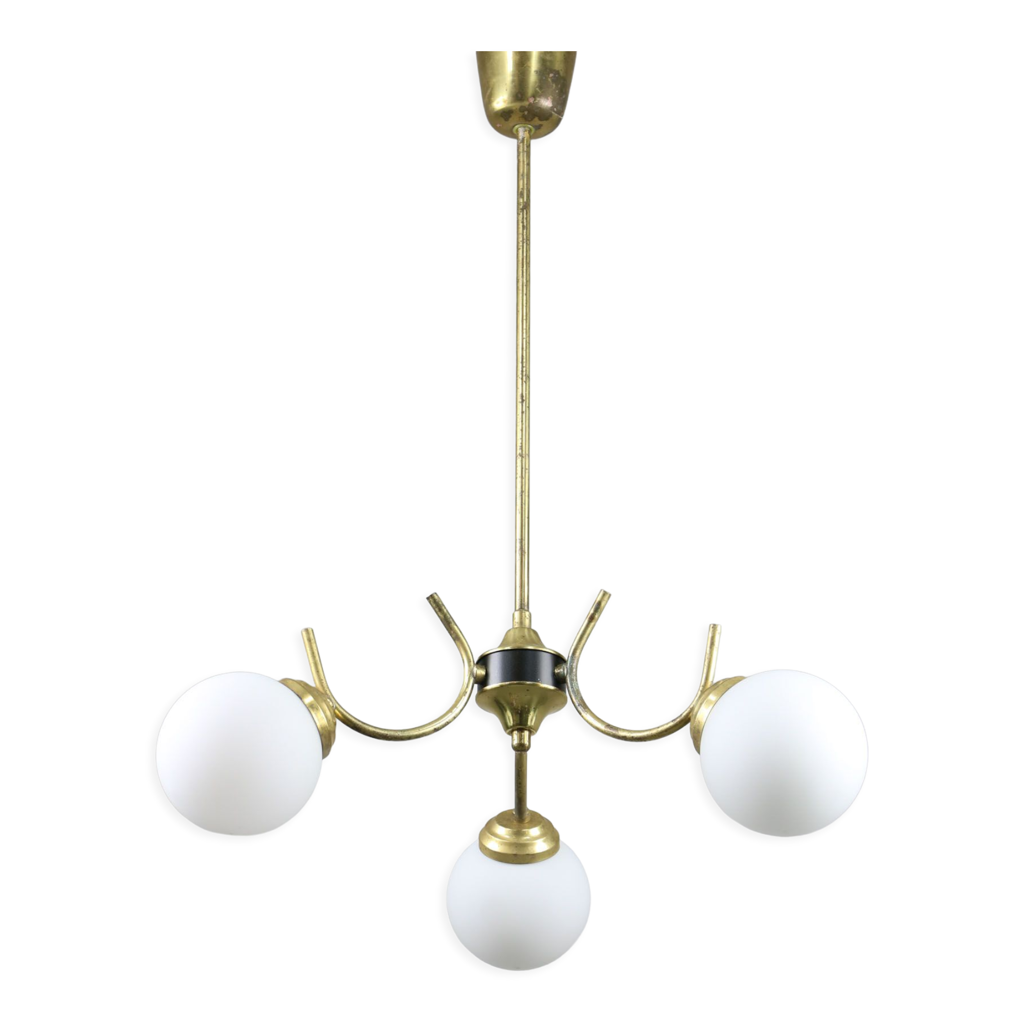 Italian Mid-century Brass and Opaline Glass Chandelier