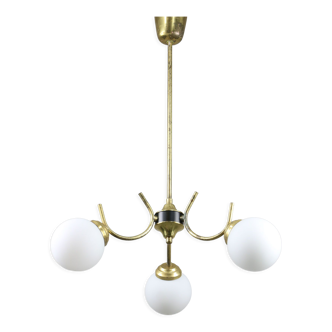 Italian Mid-century Brass and Opaline Glass Chandelier