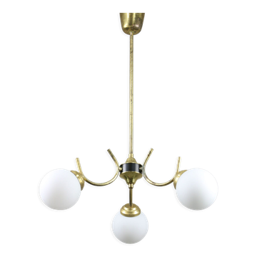 Italian Mid-century Brass and Opaline Glass Chandelier