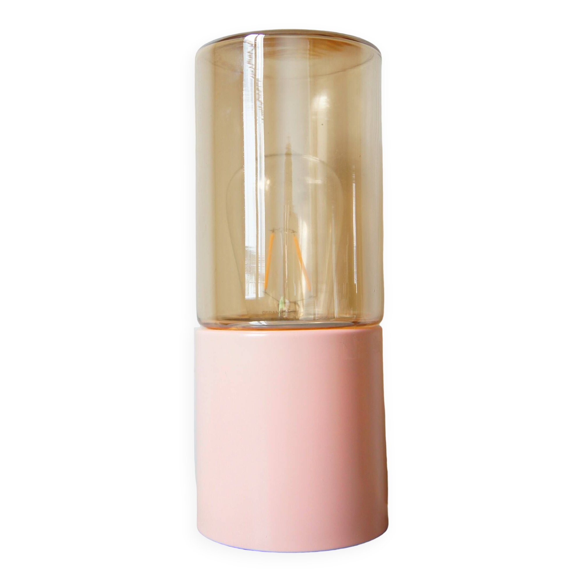 Pink metal cylinder lamp & iridescent glass