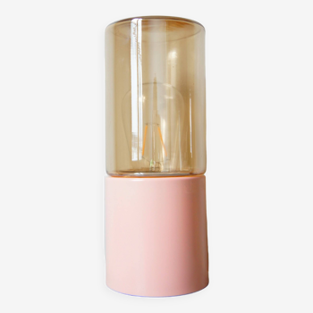 Pink metal cylinder lamp & iridescent glass