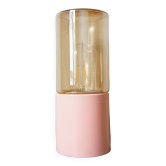 Pink metal cylinder lamp & iridescent glass