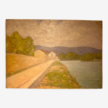Tableau ancien, double face, paysage bord de Saône, début XX siècle