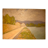 Antique painting, double-sided, landscape on the banks of the Saône, early 20th century