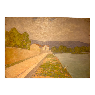 Antique painting, double-sided, landscape on the banks of the Saône, early 20th century