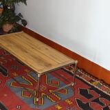 Gold, chrome metal coffee table and natural wood 120 x 60 cm