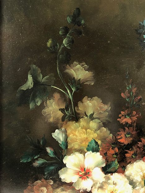Tom Crowell, United Kingdom XXth, oil on panel "bouquet of flowers on entablature"