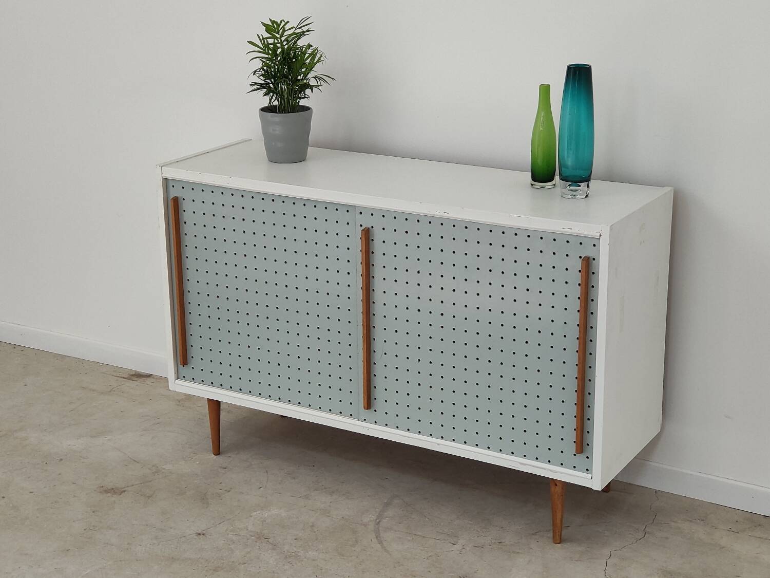 Blue and white chest of drawers by Drevopodnik Brno 1960