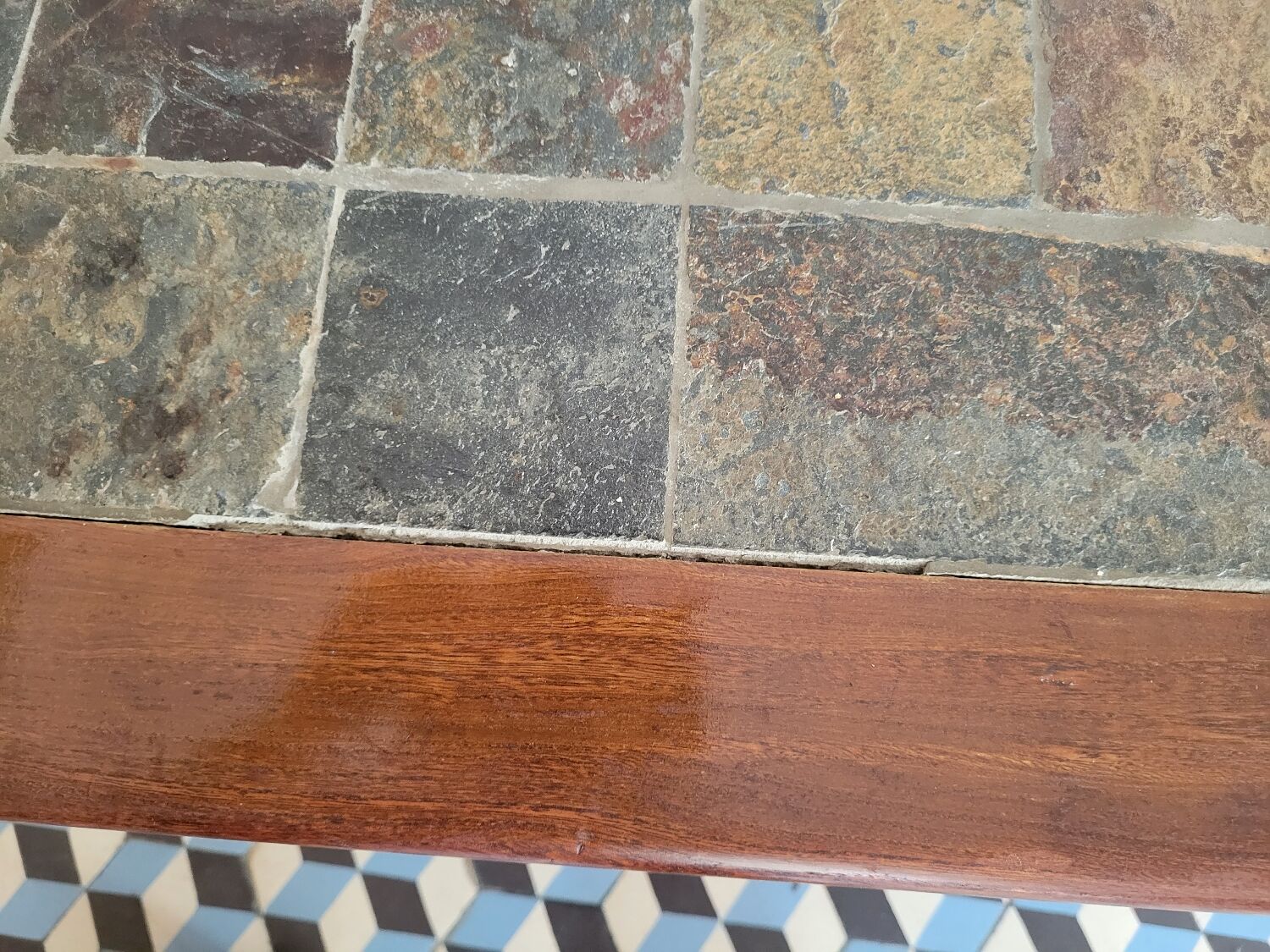 Brutalist coffee table wood and slate