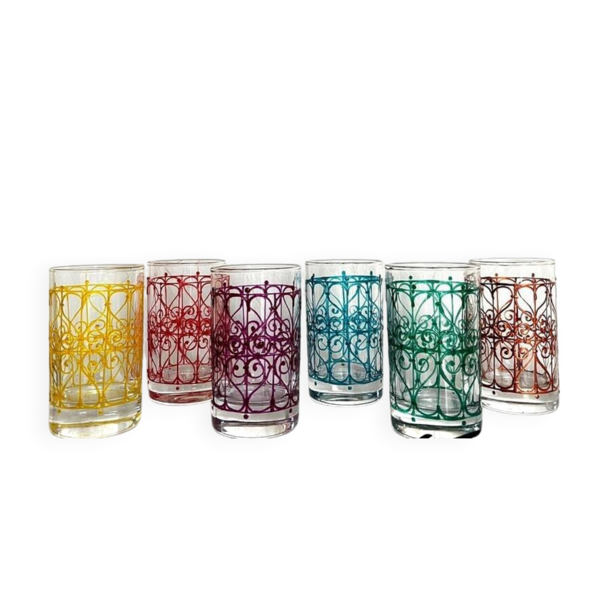 6 multicoloured hand-painted oriental style tea glasses